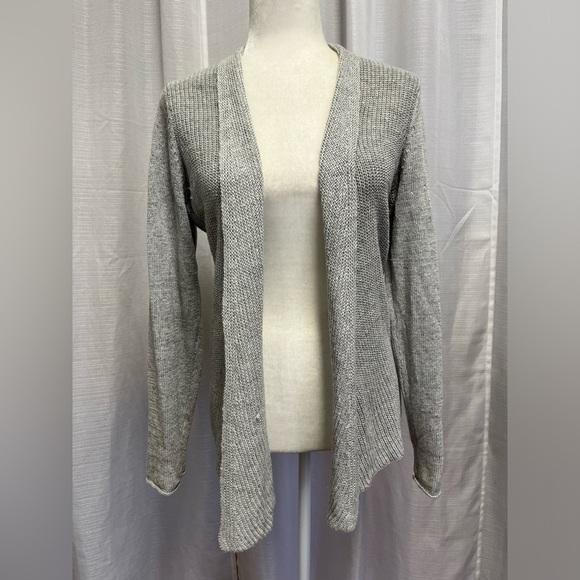 Eileen Fisher Cardigan Sweater Light Gray Open Front Two Texture Knit | size PS - Picture 1 of 6